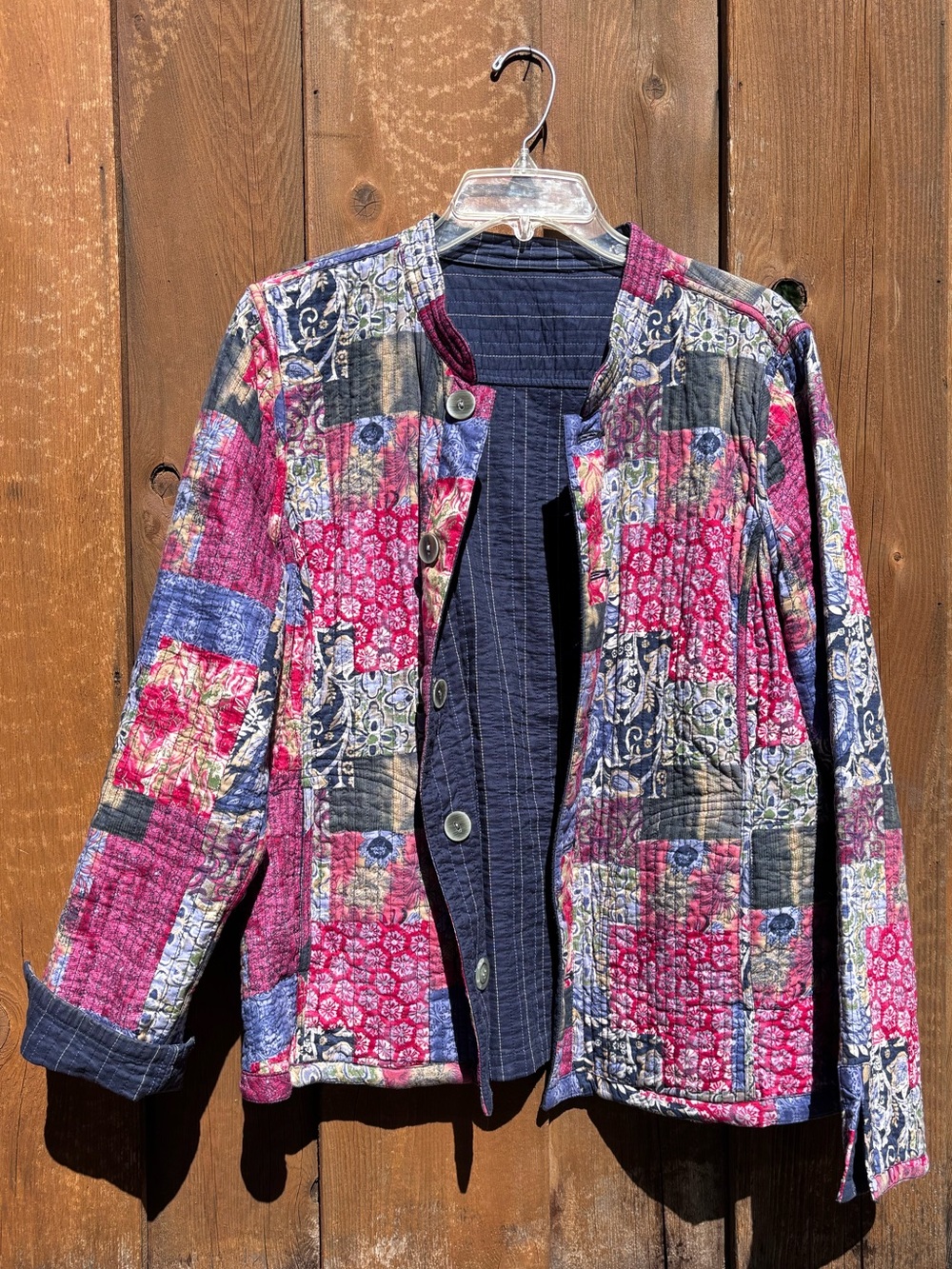 Quilted Patchwork Jacket in Pink & Blue - Women's Lightweight Coat